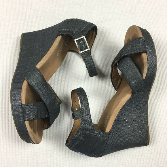 TOMS Sienna Metallic Blue Strappy Wedge Sandal 8.5 - Picture 3 of 6
